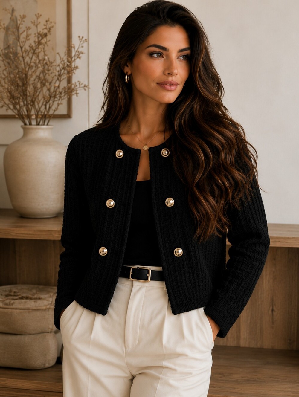 Ann Taylor Textured Knit Sweater Jacket Black Gold Button Career Small